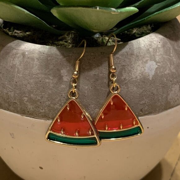 Watermelon Drop Earrings Gold Red Pink Green - Picture 8 of 8